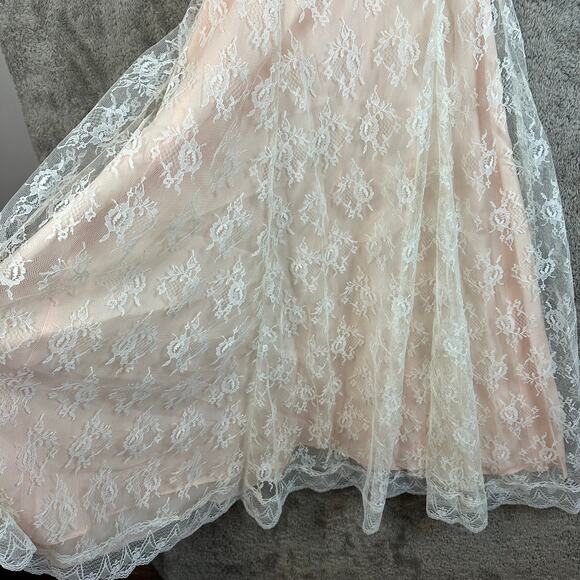 Vintage 80s Pink Peach Lace Dress Victorian Frilly Rosette Coquette Cottage Prom - Picture 8 of 15